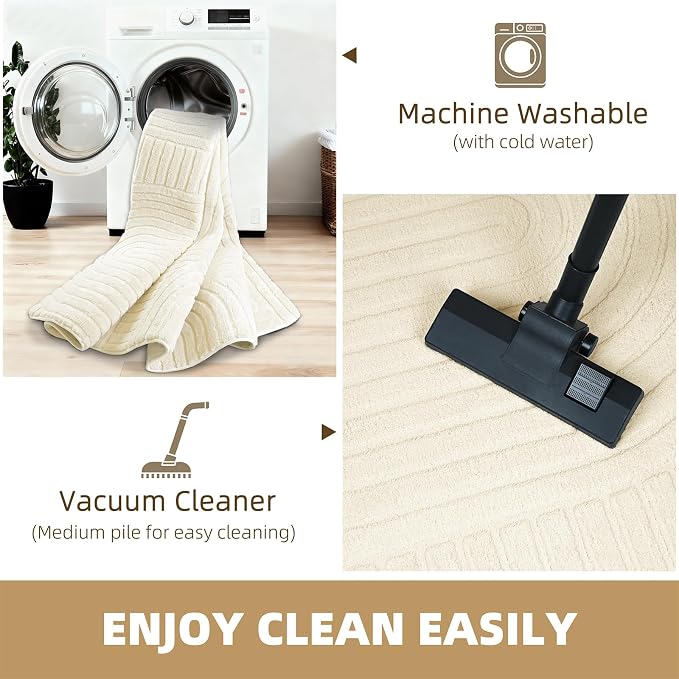 Beige 5x7 Solid Color Area Rug, Washable Rugs for Living Room Bedroom | Ultra Soft Plush Boho High-Low Pile Texture Indoor Carpet, Fluffy, Non-Slip Rugs for Bedside, Kids Room, Nursery, Home Office