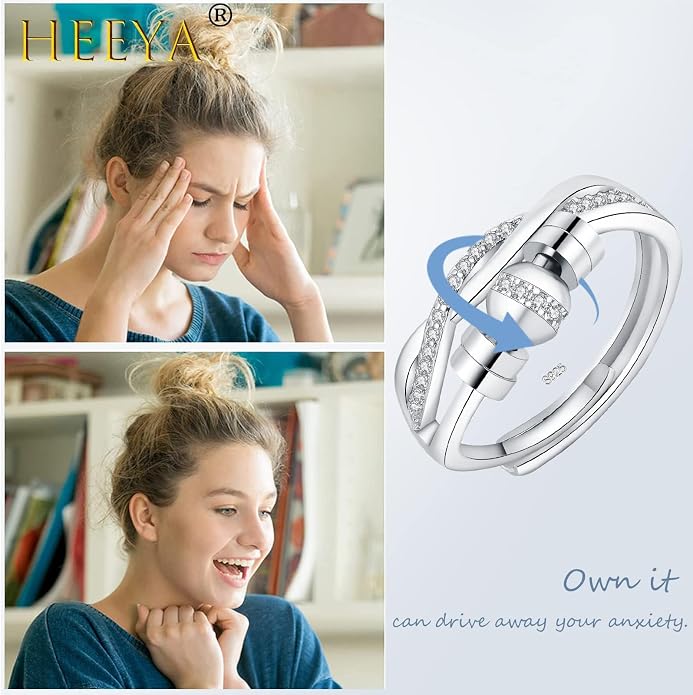 HEEYA Anxiety Rings for Women, Adjustable Sterling Silver Plated Fidget Rings with Beads, Stress Adjustable Spinner Ring, Thumb Jewelry for Birthday, Christmas, Valentine's Day
