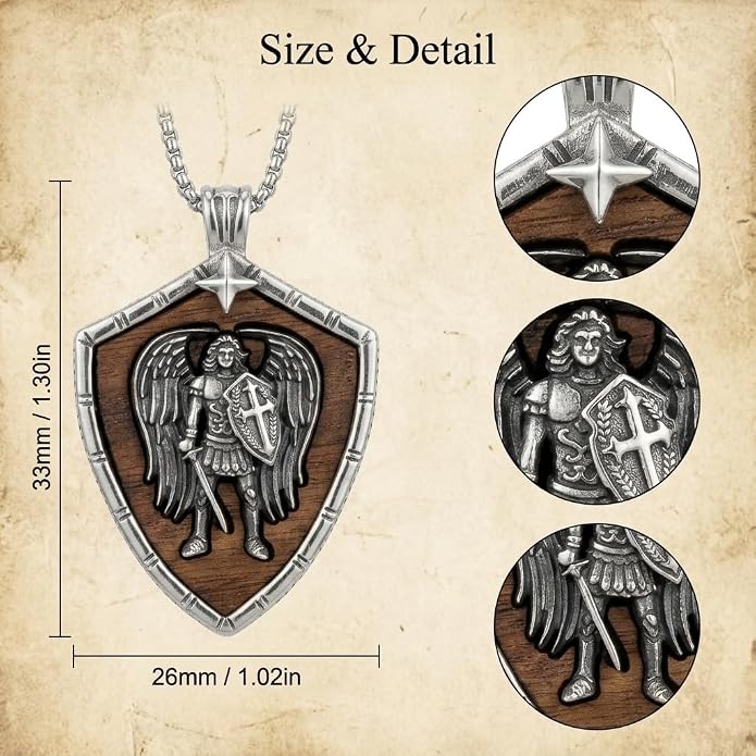 ONEFINITY Wooden Necklace Viking Wolf/St Benedict Medals/St Michael/Crucifix/St Christopher Pendant Necklace for Men Archangel Amulet Wooden Religious Jewelry Gifts for Men Women