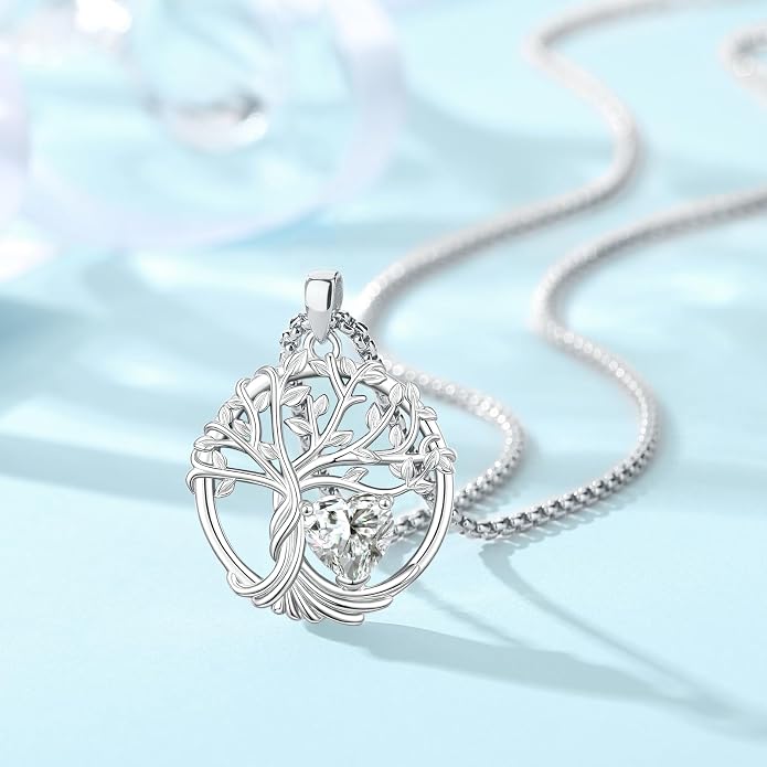 Birthstone Tree of Life Necklace for Women Heart Crystal Pendant Silver Plated Birthday Anniversary Jewelry for Wife, Mom, and Her