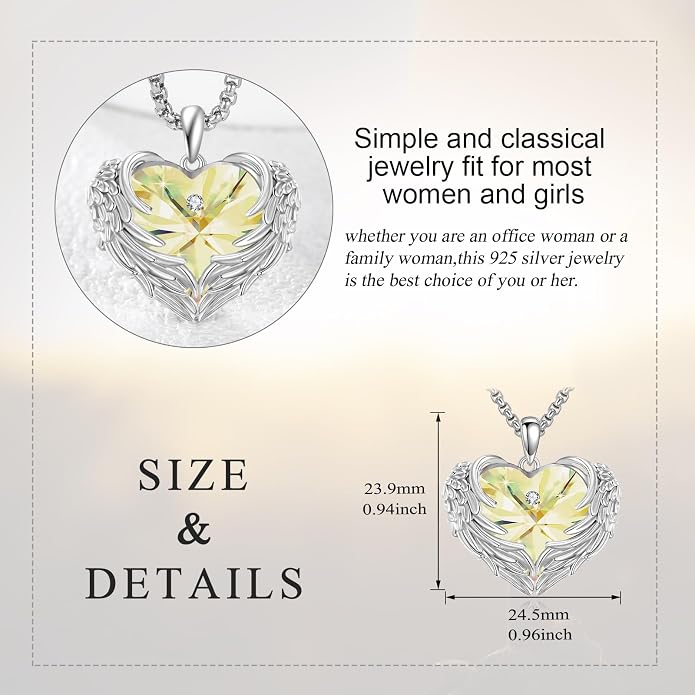 Angel Wings Necklace for Women 925 Sterling Silver Birthstone Guardian Necklace Jewelry Angel Wings Moonstone, Crystal Pendant Jewelry Gifts
