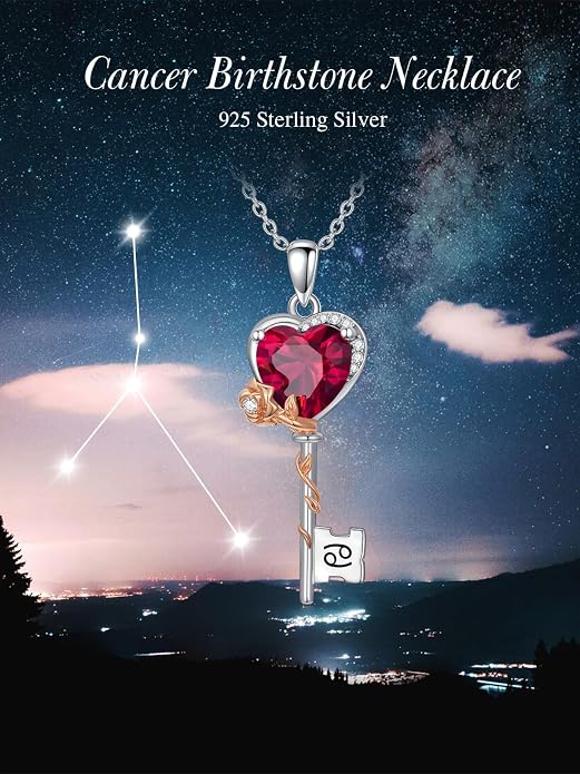 OCJ Zodiac Necklace for Women 925 Sterling Silver Rose Flower Key Pendant Necklaces Zodiac Birthstone Jewelry Wife Birthday Anniversary Christmas Gifts for Her