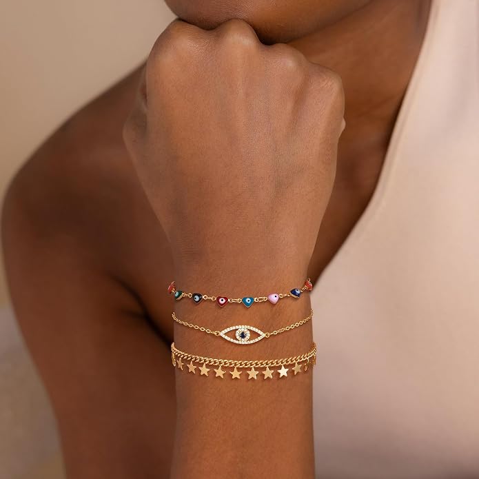 Dremmy Studios Gold Bracelet for Women 18K Gold Plated Dainty Paperclip Cubic Zirconia Disc Coin Star Cable Satellite Bead Pearl Simple Boho Minimalist Stacking Layered Link Jewelry Gift