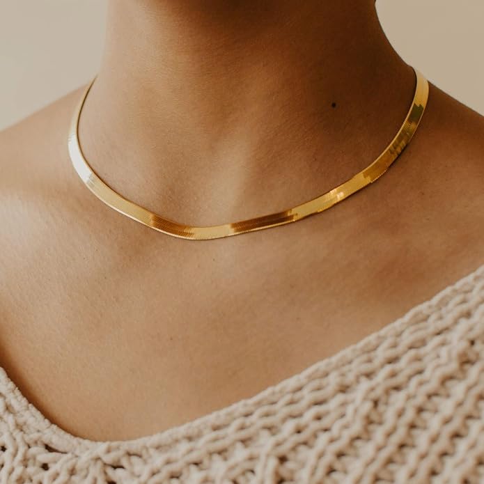 NECOCY 14K Gold Plated Necklaces for Women, Dainty Gold Herringbone Choker Necklace Thin Layered Snake Chain Jewelry for Gifts