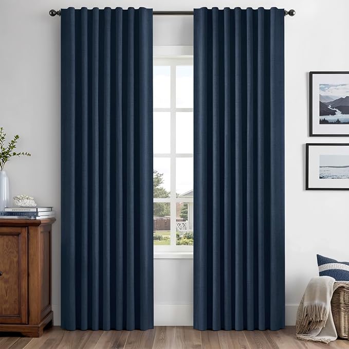 MIULEE 100% Blackout Linen Curtains 42 x 84 Inch Midnight Blue 2 Panels | Thermal Insulated, Room Darkening Drapes for Bedroom Living Room, Back Tab Rod Pocket Pinch Pleated, Solid Luxury Decor