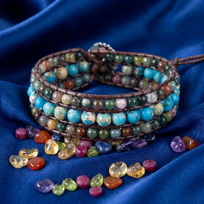 YGLINE Boho Handmade Natural Stone Bead 3 Row Wide Wrap Wrist Statment Bracelet Jewelry Collection