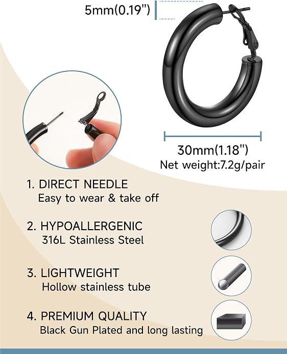 Stainless Steel Chunky Hoop Earrings For Women, Minimalist and Chic, Black/Gold Plated, Round Hoops Earrings Hypoallergenic, Size: 30mm/40mm/60mm/80mm, Come with Box