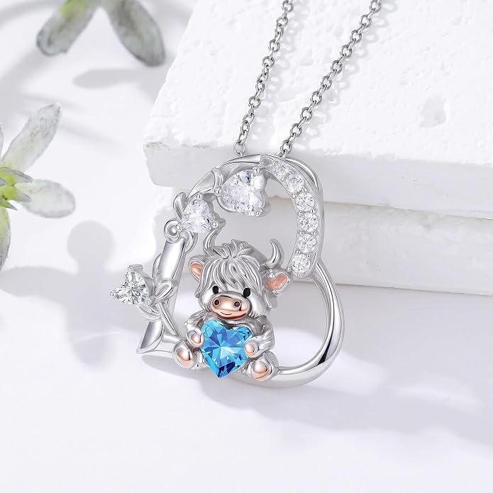 PELOVNY Teddy Bear Necklace for Women 925 Sterling Silver Bear/Highland Cow/Fox/Cat/Axolotl Birthstone Necklace Christmas Birthday Jewelry Gifts for Mom Daughter Wife Sister