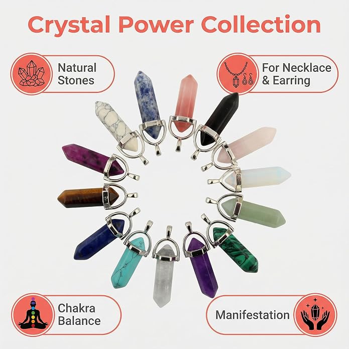 Mutilcolor 14pcs Bullet Shape Healing Pointed Chakra Pendants sugilite Quartz Crystal Stone Charm Randow Color for Necklace Making