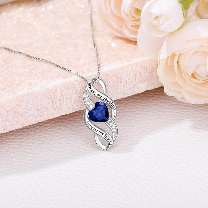 Daughter Necklace 925 Sterling Silver Always My Daughter Forever My Friend Infinity Necklace to Daughter Birthday Gift from Mom with 12 Birthstones