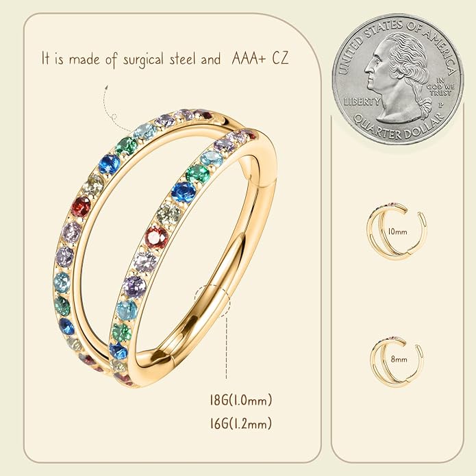 AROWRO Conch Piercing Jewelry Nose Rings Hoops Septum Rings Cartilage Earrings for Women Men Helix Piercing Jewelry Rook Tragus Surgical Steel Gold Silver 16G 18G 20G With Cubic Zirconia Opal