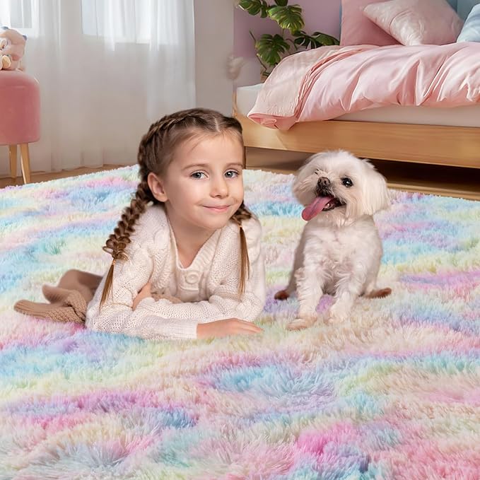 qulint 6x9 Colorful Rug for Bedroom, Large Fluffy Soft Living Room Area Rug | Fuzzy Plush Princess Rug for Girl Kids, Shaggy Modern Rainbow Carpet for Dorm Nursery Classroom Home Decor Aesthetic