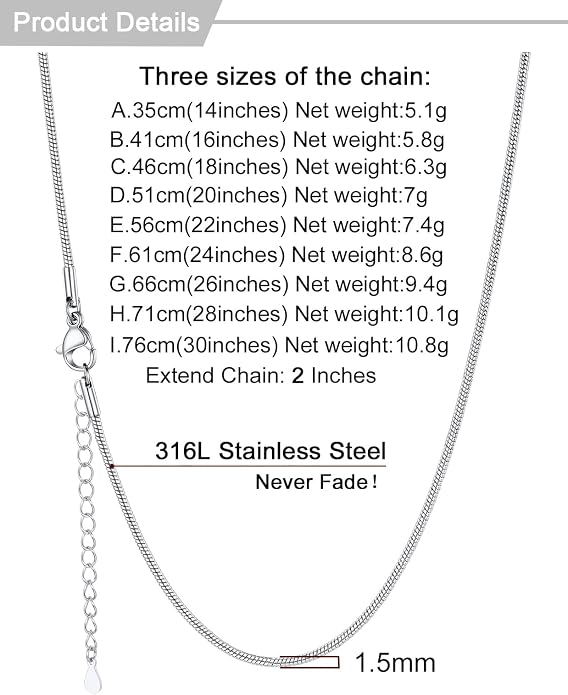 U7 Snake Necklace for Women 14K Gold Plated/Silver/Rose Gold/Black Chain Necklace Hypoallergenic, Stainless Steel Tiny Snake Chain Necklace 1/1.2/1.5/2MM, 14-30" Adjustable Minimalist Gift