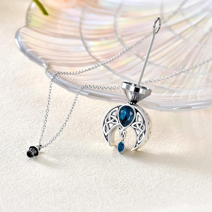 AOBOCO Sterling Silver Celtic Crescent Moon Goddess Pendant Irish Good Luck Necklace with Birthstone Crystal, Celtic Moon Jewelry Gift for Women Mom Wife