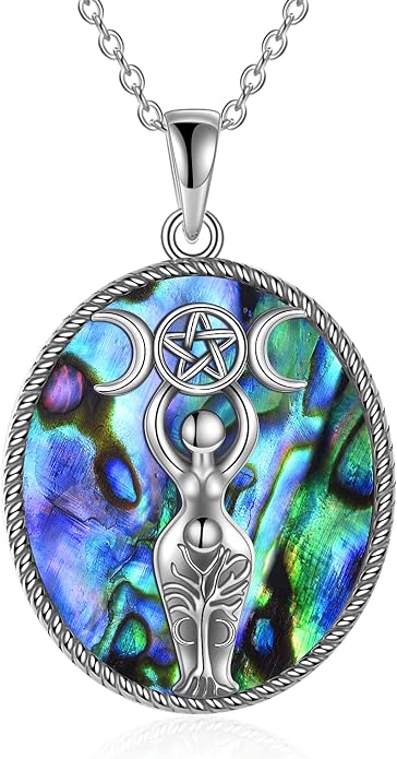 YFN Triple Moon Goddess Necklace Sterling Silver Pentagram Pentacle Opal Pendant necklace Pagan Wiccan Magic Amulet Tree of Life Jewelry for Women Men 18"