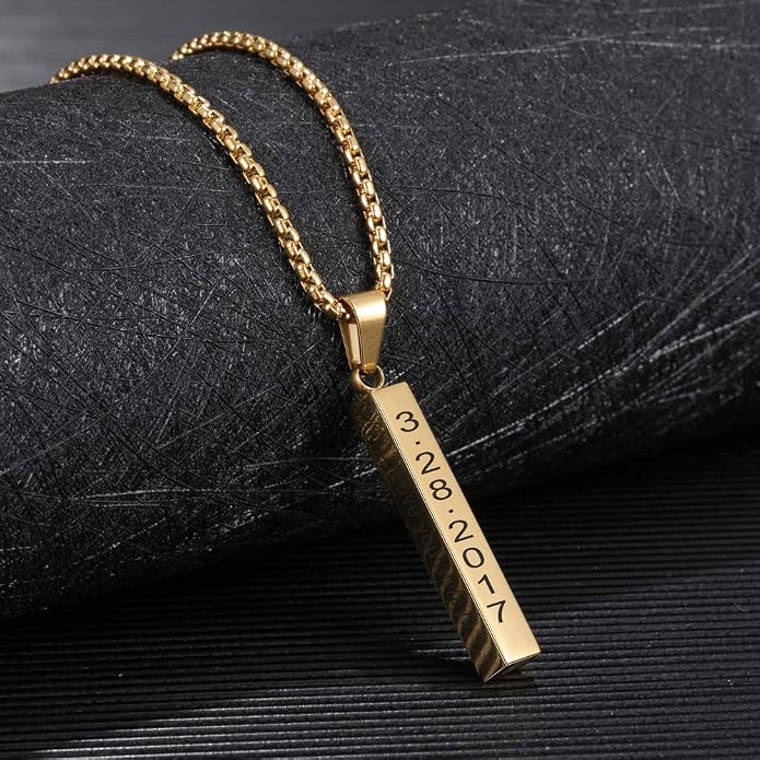 Personalized Men's Name Bar Necklace Engraved Initial Name Stainless Steel Vertical Bar Necklace for Father Husband Boyfriend Birthday