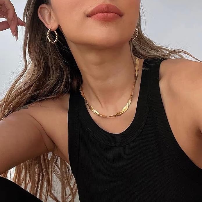 Tewiky Layered Necklaces for Women Non Tarnish- Chunky 14k Gold Plated Herringbone/Snake/Rope/Box/Cuban Link Chain for Women Waterproof Layering Stack Choker Necklace Trendy Dainty Tarnish Free Jewelry Set