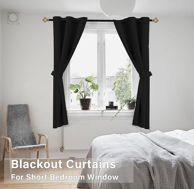 KOUFALL Short Curtains for Kitchen Bathroom, Sleep Out Blackout Drapes for Windows Over Sink Bedroom, 48 Inch Long, Black