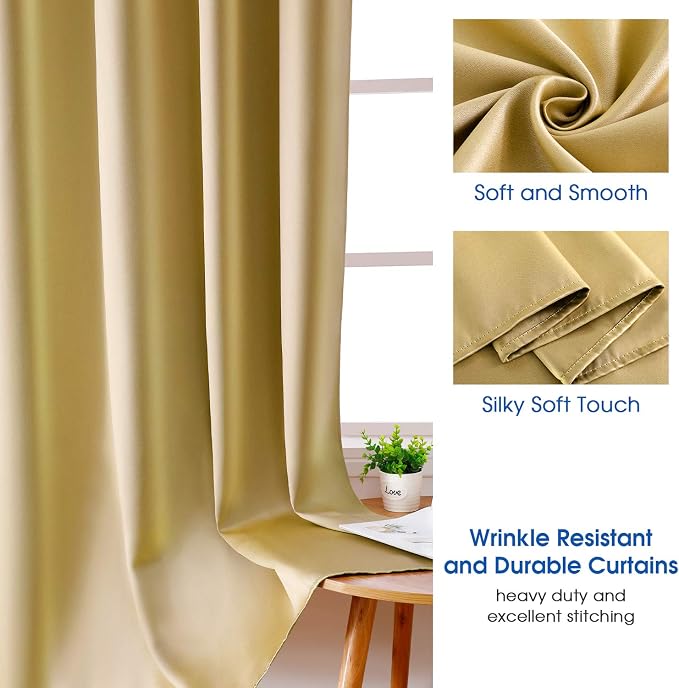 HOMEIDEAS 2 Panels Gold Faux Silk Blackout Luxury Curtains, 52 X 84 Inch Room Darkening Satin Thermal Insulated Vintage Christmas Window Drapes for Bedroom Decor, Indoor