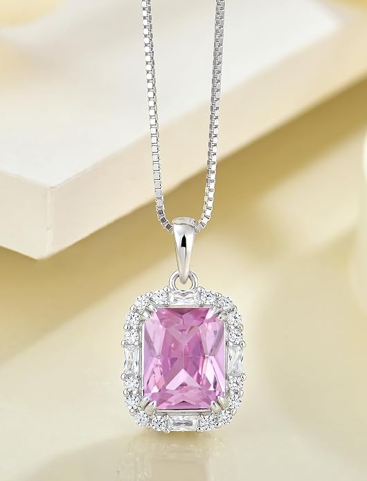Princess Cut Necklaces for Women, 925 Sterling Silver Emerald Cut Birthstone Pendant Necklace Halo Square Rectangle Jewelry Gifts for Her
