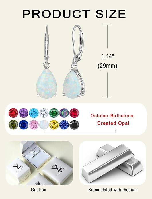 YL Solitaire Dangle Drop Earrings Teardrop Leverback Earrings Brass 8X12 MM Birthstone Jewelry for Women