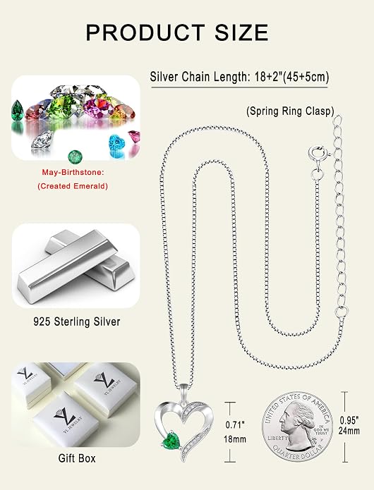 YL Heart Necklace 925 Sterling Silver Love Heart Pendant Birthstone Jewelry for Women