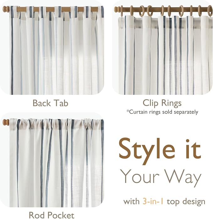 Vangao Striped Curtains Blue on White Semi Sheer Curtains 84 Inches Long for Living Room Bedroom Modern Farmhouse Linen Textured Light Filtering Drapes 2 Panels Blue W50 x L84 Inch