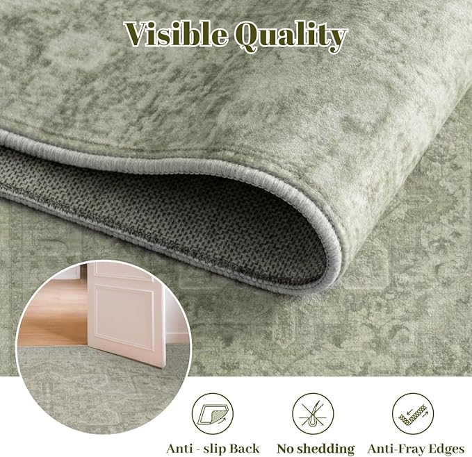Homemate Washable Rug 10x14 Area Rugs - Vintage Faux Wool Rugs for Living Room Bedroom Dining Room - Non Slip Foldable Carpet Indoor Area Rug for Home Decor（10'x14', Green