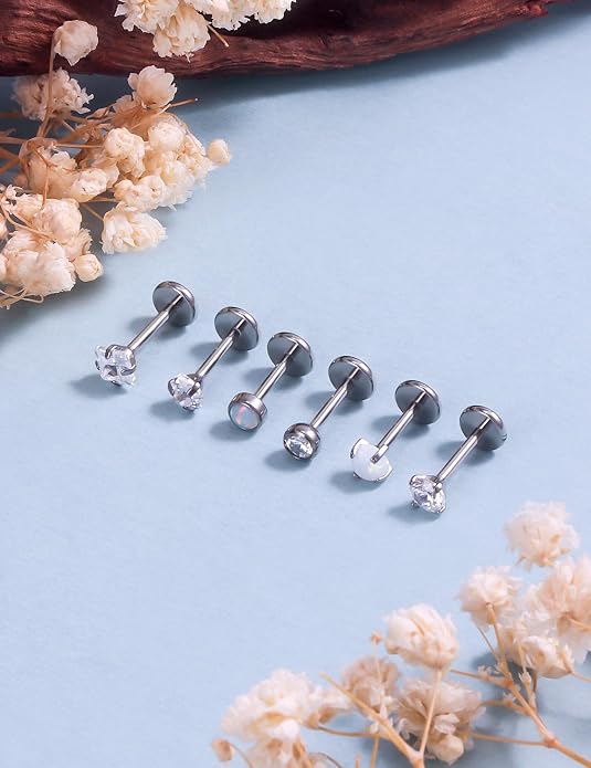 F136 Titanium Flat Back Screw on Nose Rings Earrings 20g 18g Stud for Men Women Cartilage Tragus Lip Labret Piercing Jewelry 6mm 8mm Hypoallergenic Internally Threaded