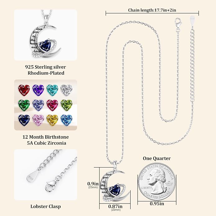 Distance I Love You to The Moon and Back Necklace for Women, S925 Sterling Silver Forever Love Heart Birthstone Necklace, Anniversary Birthday Jewelry for Wife Lover