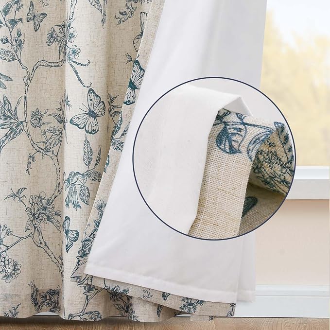 jinchan Blue Floral Linen Curtains Lined 96 Inch Vintage Back Tab 2 Panels | Privacy lining, light filtering drapes, cottagecore, french country, farmhouse, bedroom, living room, window treatment