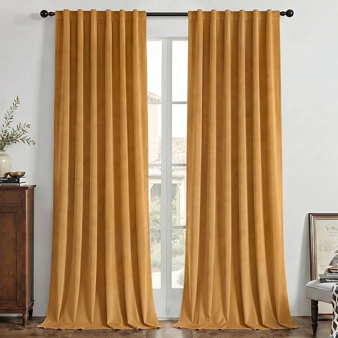 Joydeco 100% Blackout Velvet Curtains Mustard Yellow 96 Inch Back Tab | Luxury Thermal Insulated Velvet Curtains for Bedroom Living Room, Soundproof Blackout Window Drapes