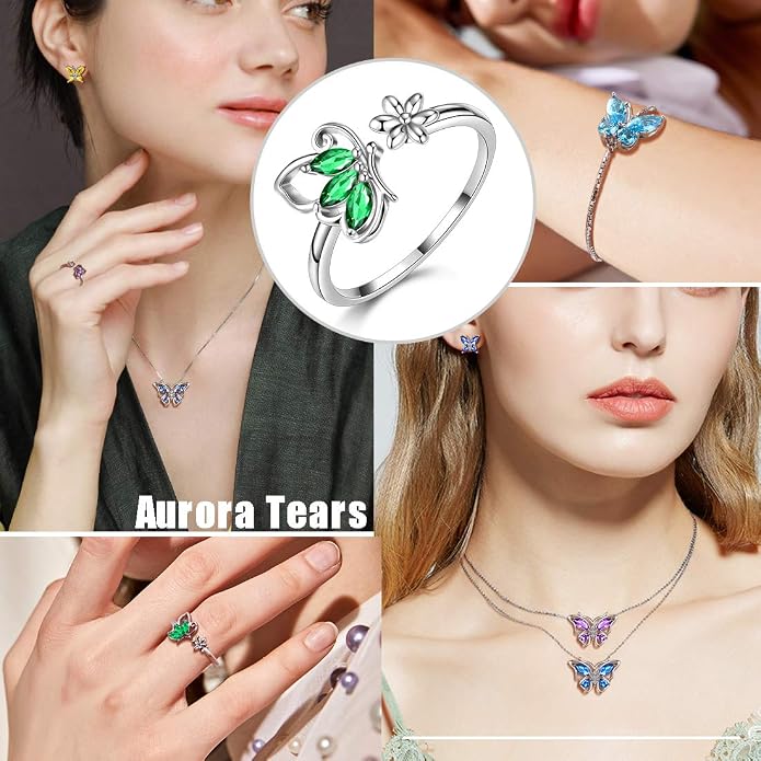 Aurora Tears Butterfly Jewelry,Women 925 Sterling Silver Butterflies Birthstone Pendant Necklace/Earrings/Rings Wedding Gift