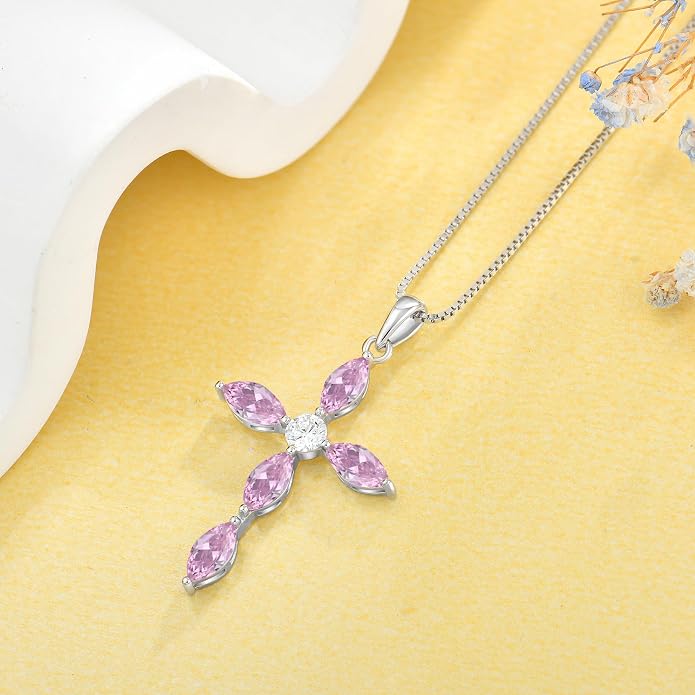 JO WISDOM Cross Necklace for Women,925 Sterling Silver Birthstone Necklaces Cubic Zirconia Cross Pendant Necklace Dainty Jewelry Gifts