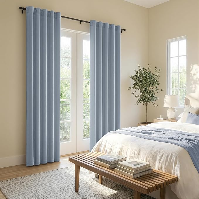 MIULEE Thick Linen Curtains, 42Wx90L, Light Blue Semi Sheer Linen Textured | Light Filtering Window Privacy Drapes with Back Tab Rod Pocket for Farmhouse/Living Room/Bedroom, Set of 2