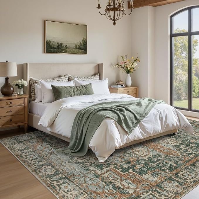 Rugxara Area Rugs 5x7 Washable Rug for Living Room Bedroom, Green/Brown | Non Slip, Rug for Dining Room Office Farmhouse, Stain Resistant, Soft, Vintage Boho Retro Carpet, Low Pile, Home Decor