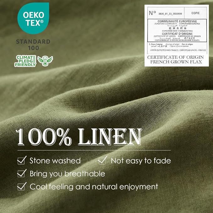 Simple&Opulence 100% Linen Duvet Cover Set 3pcs Basic Style Natural French Washed Flax Solid Color Soft Breathable Farmhouse Bedding with Button Closure - Olive Green, Full
