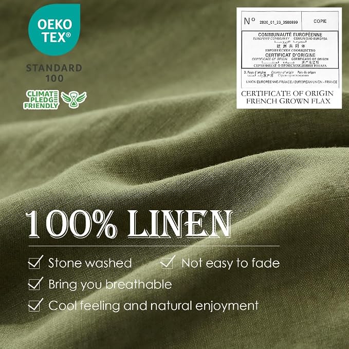 Simple&Opulence 100% Washed Linen Duvet Cover Set 5pcs(1 Duvet Cover& 2 Shams& 2 Pillowcases) Basic Style Natural French Flax Soft Breathable Farmhouse Bedding (King, Olive Green)