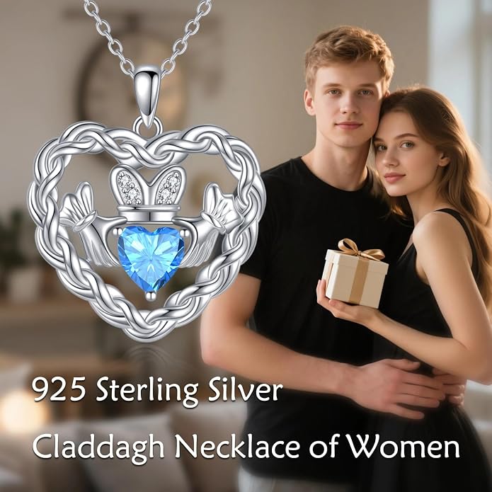 Birthstone Claddagh Heart Necklace 925 Sterling Silver Heart Celtic Knot Claddagh Necklace Pendant Irish Jewelry Gifts for Women Mom Wife Sister Christmas Birthday,18+2 inch