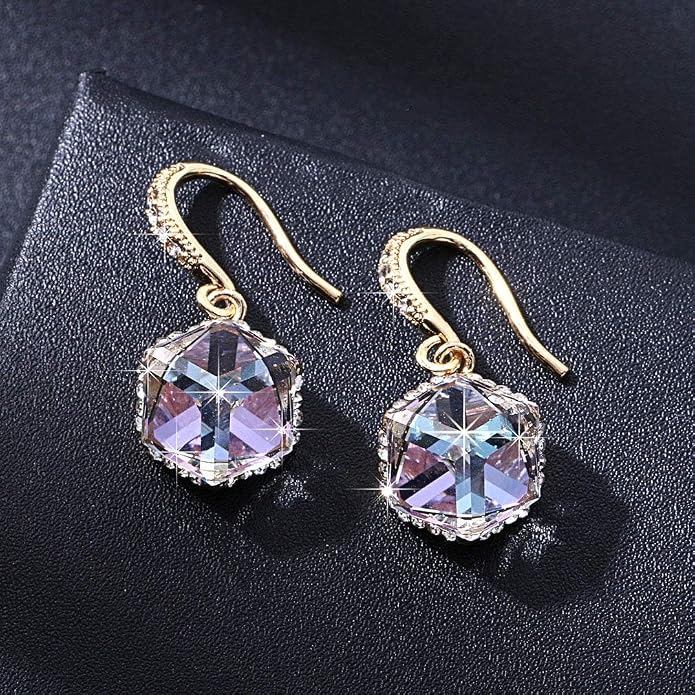Austrian Crystal Cube Drop Dangle Earrings for Women 14K Gold Plated Hypoallergenic Jewelry