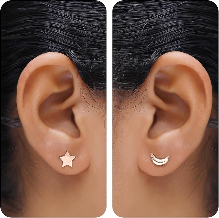 Asymmetric Earrings Half Moon And Star Lovely Charm Stud Earrings in 14K Gold Plated Sterling Silver With Push Back for her