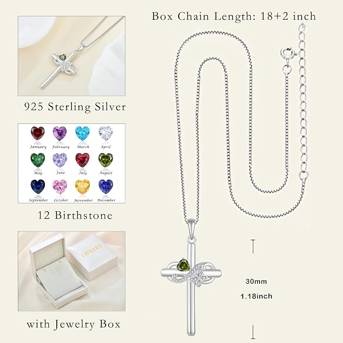 Infinity Butterfly Cross Necklace for Women 925 Sterling Silver Christian Religious Crucifix Pendant Birthstone Jewelry Gifts for Her
