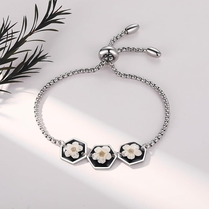 AUNTESIGN Forget-Me-Not Pressed Wildflower Bracelet | Pressed Flower Bracelet | Gold/Silver Pressed Flower Jewelry | Personalized Handmade Jewelry | Gift For Women