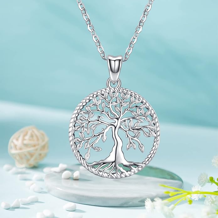 Aniu Tree of Life Necklace for Women, 925 Sterling Silver Mother of Pearl Family Palm Tree Charm Pendant Jewelry for Birthday Christmas Gift