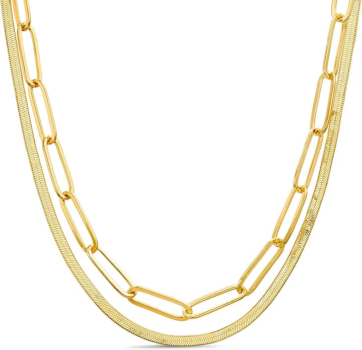 Waterproof Chain Necklace Set 14K Yellow Gold Plated Brass Herringbone Paperclip Necklaces for Women 16-18 Inches