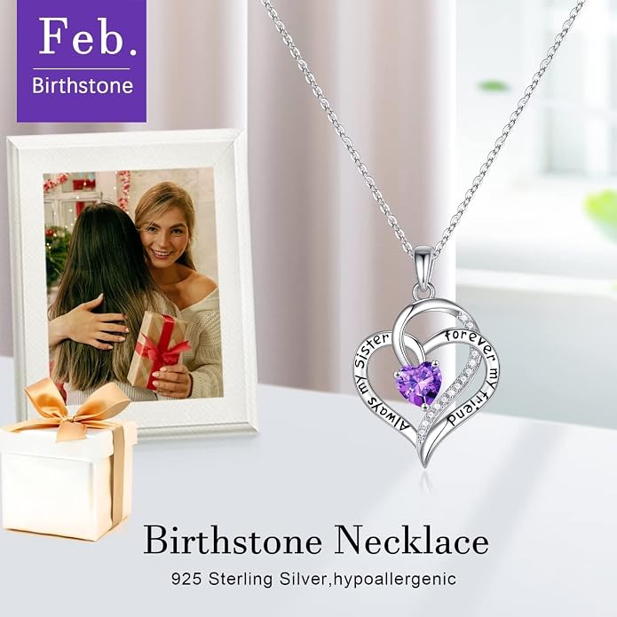 Iefil Gifts for Sister - 925 Sterling Silver Birthstone Necklace Sisters Jewelry