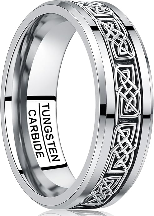 NUNCAD 8mm Tungsten Rings for Men, Inlay 925 Sterling Silver Celtic Knot Ring Mens Wedding Band Jewelry Gift Comfort Fit Size 8-12