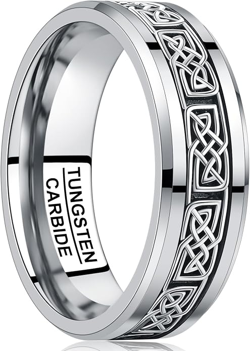 NUNCAD 8mm Tungsten Rings for Men, Inlay 925 Sterling Silver Celtic Knot Ring Mens Wedding Band Jewelry Gift Comfort Fit Size 8-12