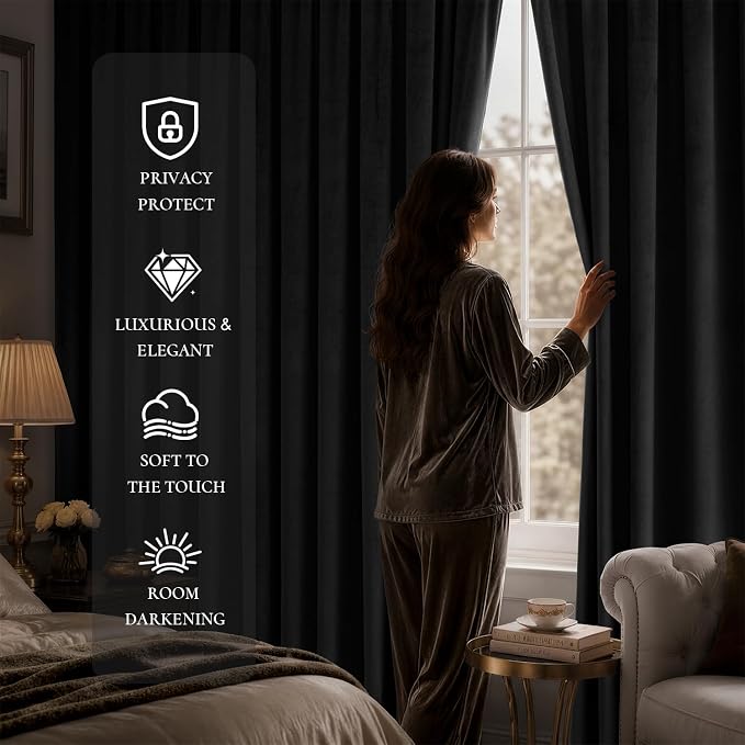 MIULEE Grey Blackout Velvet Curtains Drapes 90 Inch Long 52"x90" Bedroom | Luxurious Bedroom Living Room Decor, Room Darkening, Thermal Insulated, Rod Pocket Design, Super Soft Fabric