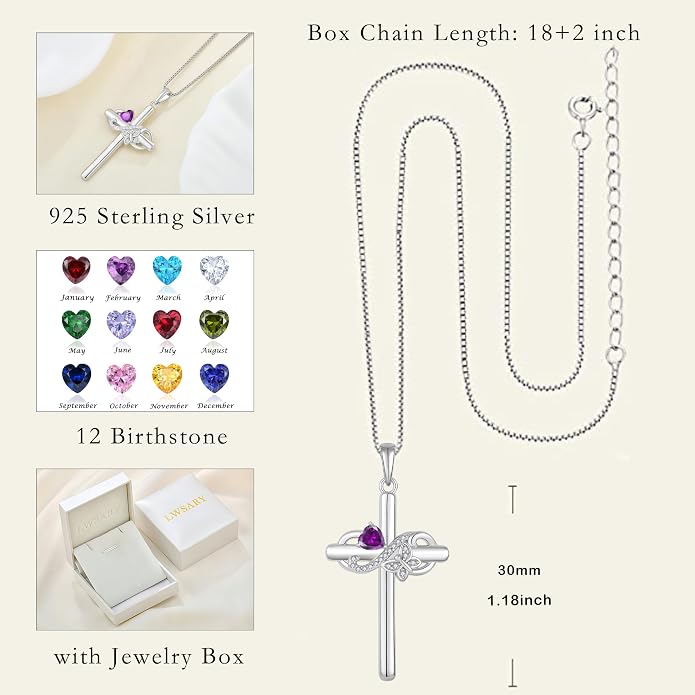 Infinity Butterfly Cross Necklace for Women 925 Sterling Silver Christian Religious Crucifix Pendant Birthstone Jewelry Gifts for Her